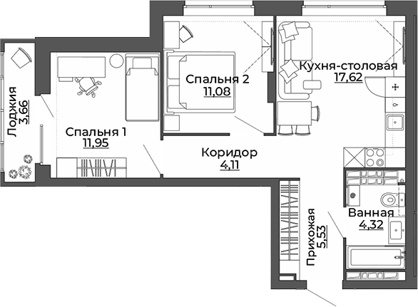 Планировка — Repin Towers. СКМ Девелопмент, 2-комн., 55 м²