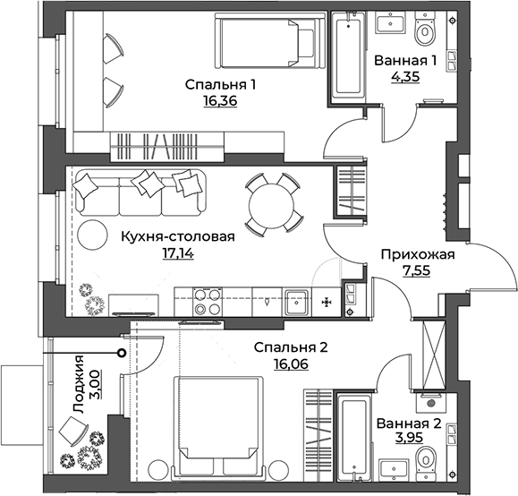Планировка — Викулов, 2-комн., 65 м²