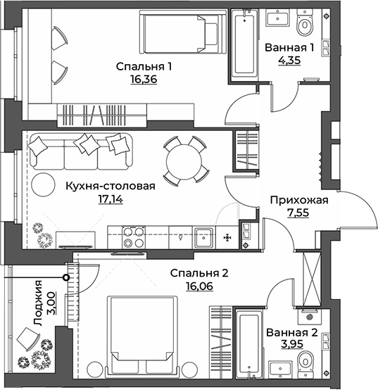 Планировка — Викулов, 2-комн., 65 м²
