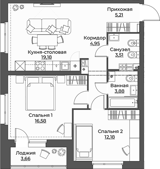 Планировка — Викулов, 2-комн., 65 м²