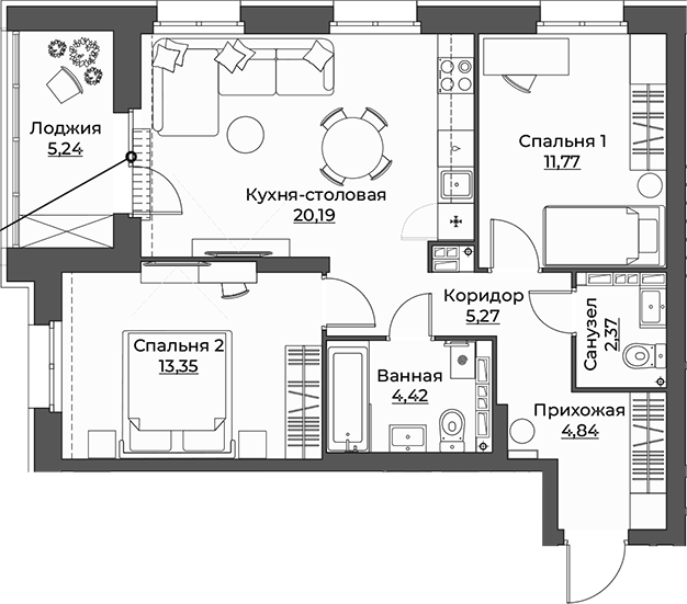 Планировка — Викулов, 2-комн., 62 м²