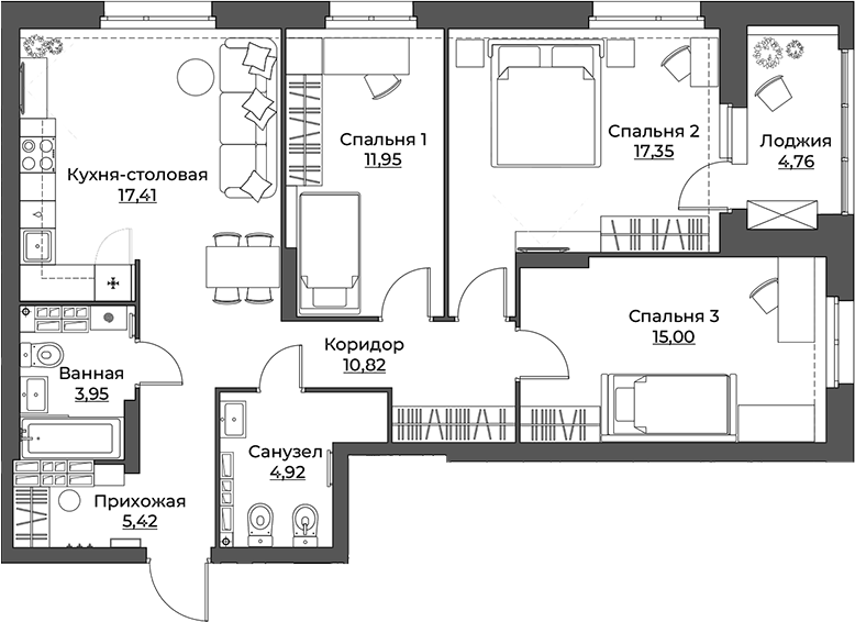 Планировка — Викулов, 3-комн., 87 м²