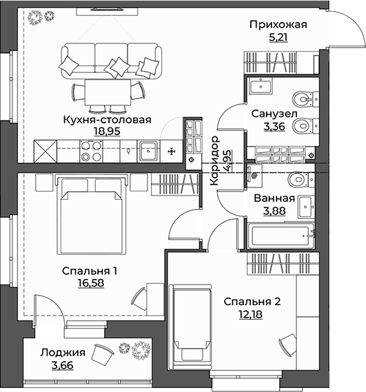 Планировка — Викулов, 2-комн., 65 м²