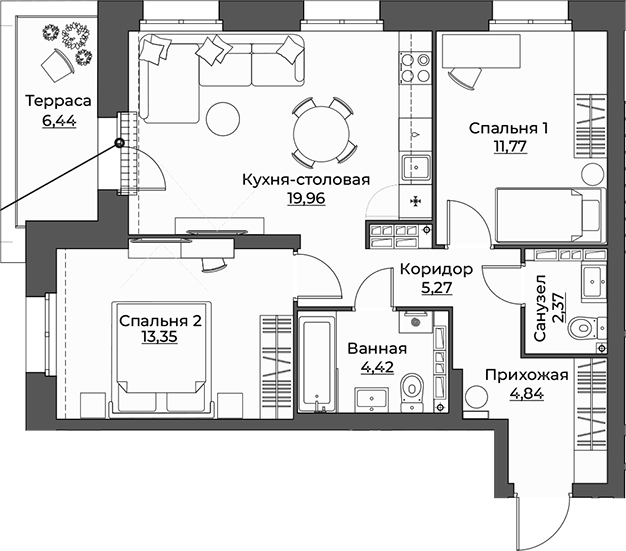 Планировка — Викулов, 2-комн., 62 м²