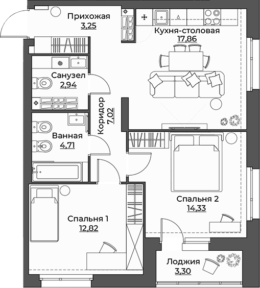 Планировка — Викулов, 2-комн., 63 м²