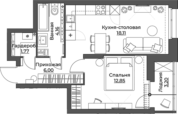 Планировка — Викулов, 1-комн., 43 м²