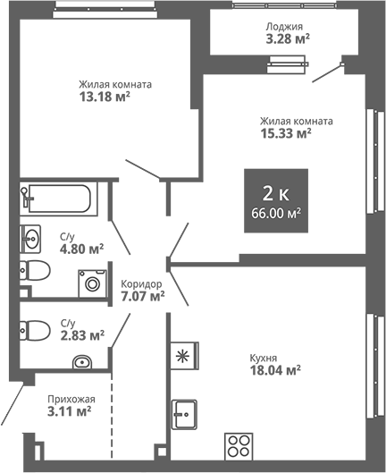 Планировка — Современник, 2-комн., 64 м²