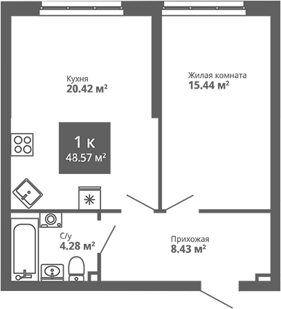 Планировка — Современник, 1-комн., 49 м²