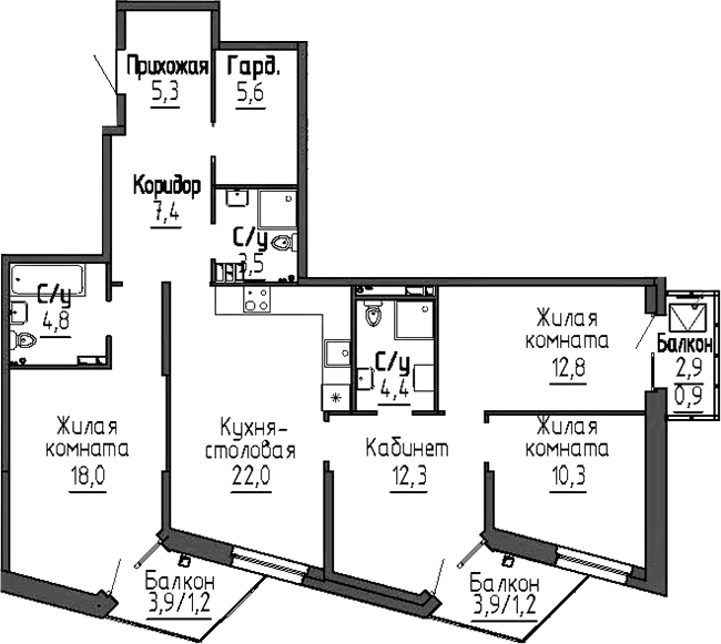 Планировка — Зеленая горка, 4-комн., 106 м²