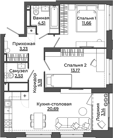 Планировка — Б-26 Дом на высоте, 2-комн., 61 м²