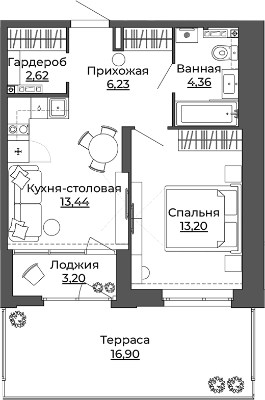 Планировка — Б-26 Дом на высоте, 1-комн., 37 м²