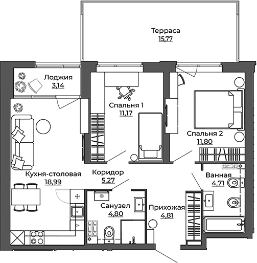 Планировка — Б-26 Дом на высоте, 2-комн., 62 м²