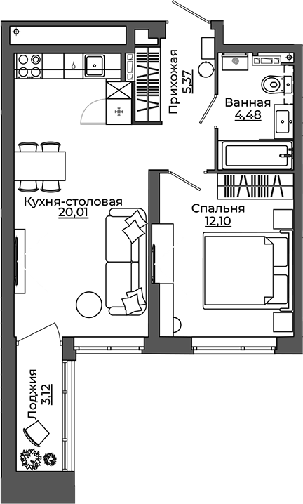 Планировка — Б-26 Дом на высоте, 1-комн., 42 м²