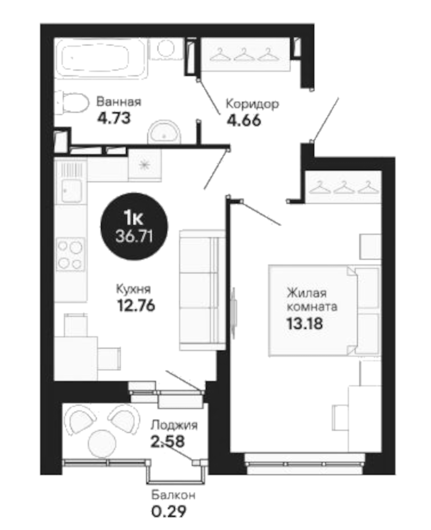 Планировка — Мохито, 1-комн., 35 м²