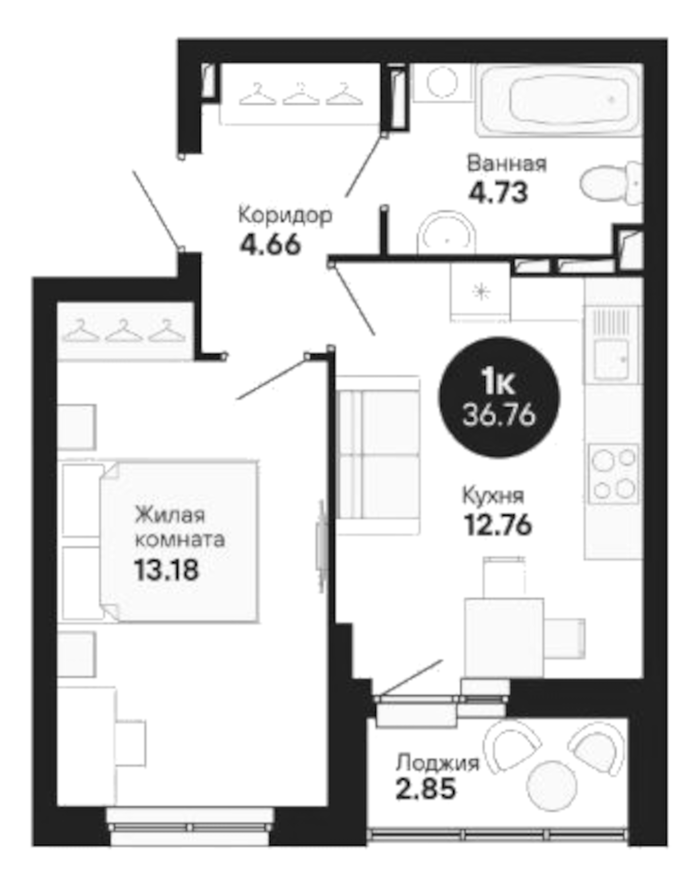Планировка — Мохито, 1-комн., 35 м²
