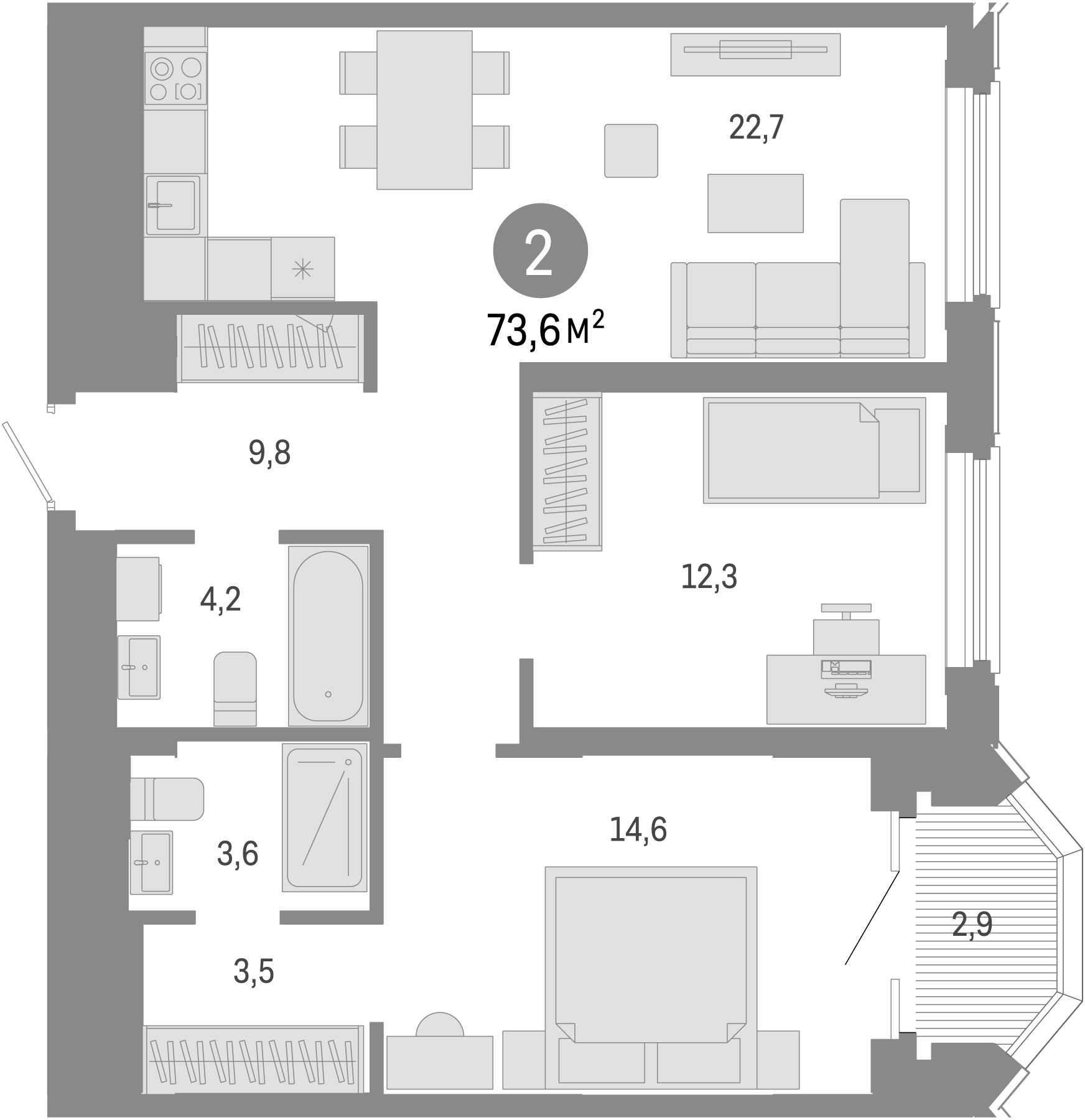 Планировка — На Некрасова, 3-комн., 71 м²