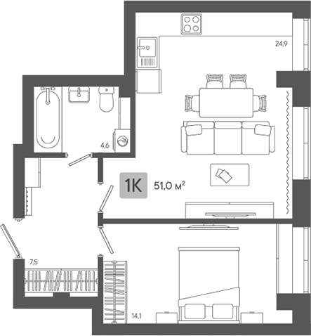 Планировка — Жилой район ZORI, 2-комн., 51 м²