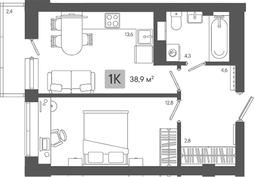 Планировка — Жилой район ZORI, 1-комн., 38 м²