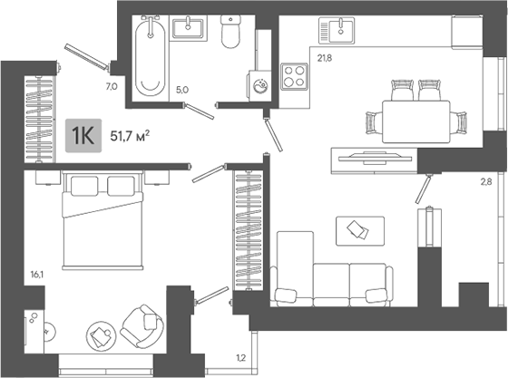 Планировка — Жилой район ZORI, 2-комн., 48 м²