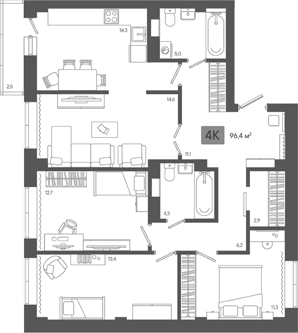 Планировка — Жилой район ZORI, 4-комн., 94 м²