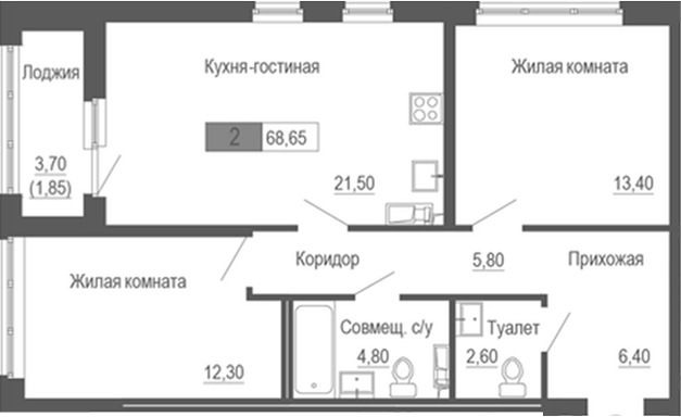Планировка — Башня времени, 2-комн., 67 м²