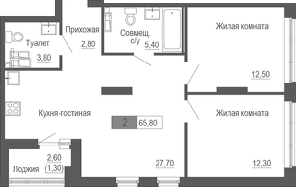 Планировка — Башня времени, 2-комн., 65 м²