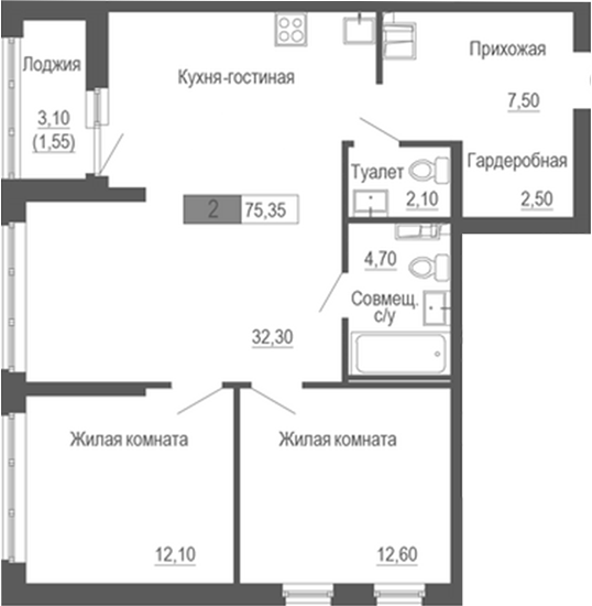 Планировка — Башня времени, 2-комн., 74 м²