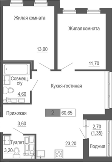 Планировка — Башня времени, 2-комн., 59 м²