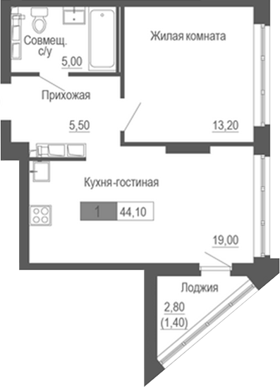 Планировка — Башня времени, 1-комн., 43 м²