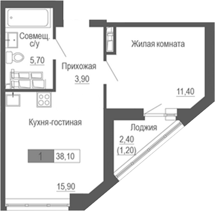 Планировка — Башня времени, 1-комн., 37 м²