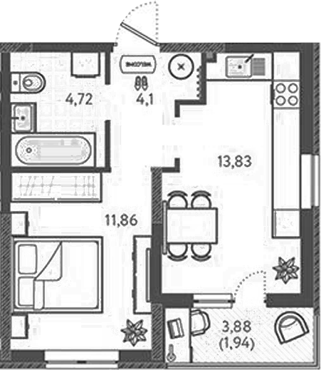 Планировка — Теплые края, 1-комн., 35 м²