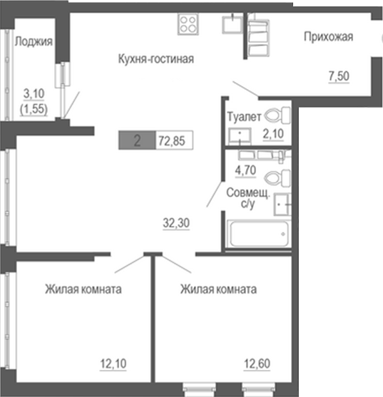 Планировка — Башня времени, 2-комн., 71 м²