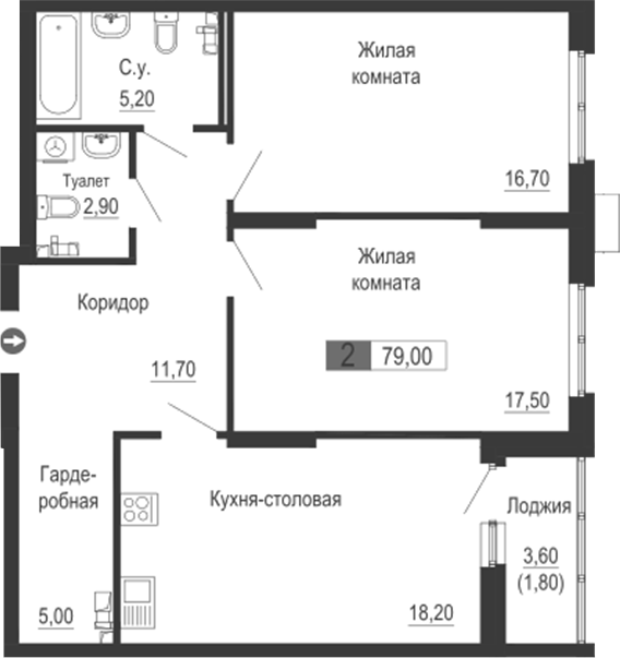 Планировка — Тактика, 3-комн., 77 м²