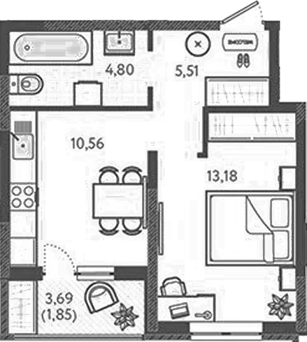 Планировка — Теплые края, 1-комн., 34 м²