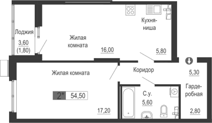 Планировка — Тактика, 2-комн., 53 м²