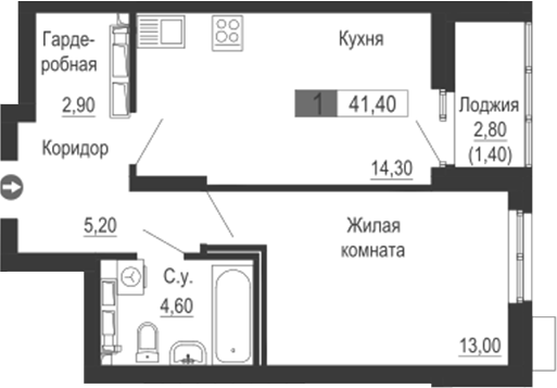 Планировка — Тактика, 1-комн., 40 м²
