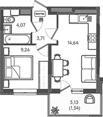 Планировка — Теплые края, 1-комн., 32 м²