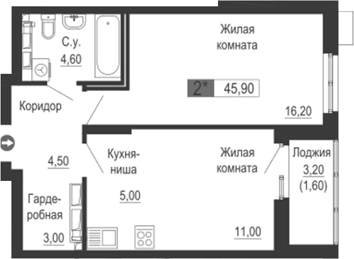 Планировка — Тактика, 2-комн., 44 м²