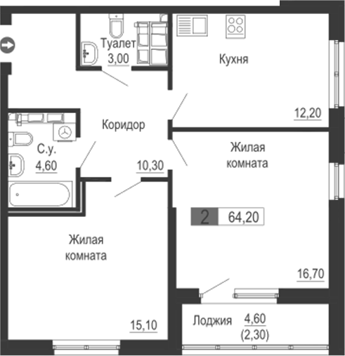 Планировка — Тактика, 2-комн., 62 м²