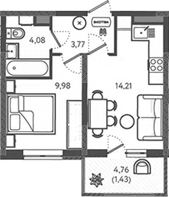 Планировка — Теплые края, 1-комн., 32 м²