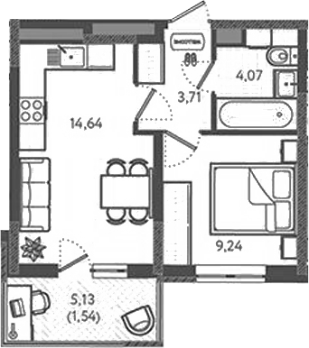 Планировка — Теплые края, 1-комн., 32 м²