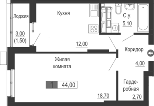 Планировка — Тактика, 1-комн., 43 м²