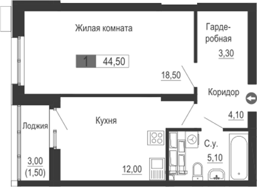 Планировка — Тактика, 1-комн., 43 м²