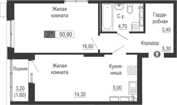 Планировка — Тактика, 2-комн., 49 м²