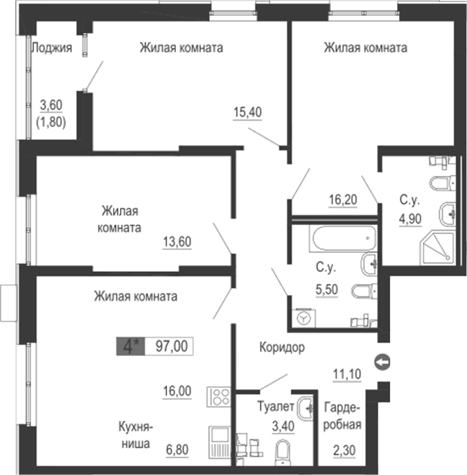 Планировка — Тактика, 4-комн., 95 м²