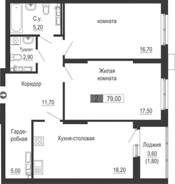Планировка — Тактика, 3-комн., 77 м²