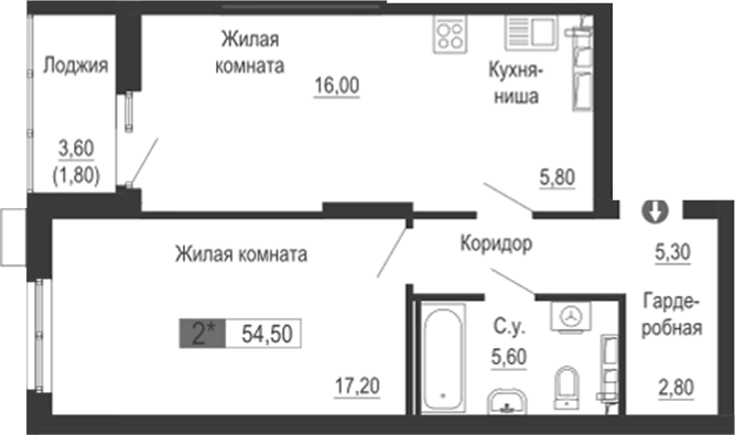 Планировка — Тактика, 2-комн., 53 м²