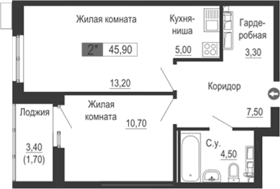 Планировка — Тактика, 2-комн., 44 м²