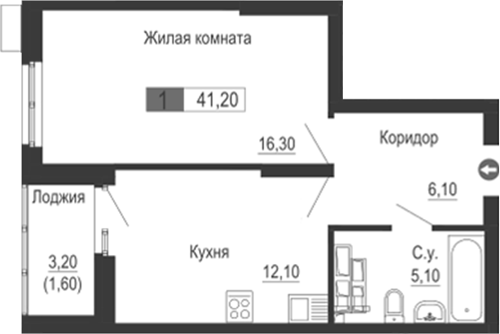 Планировка — Тактика, 1-комн., 40 м²