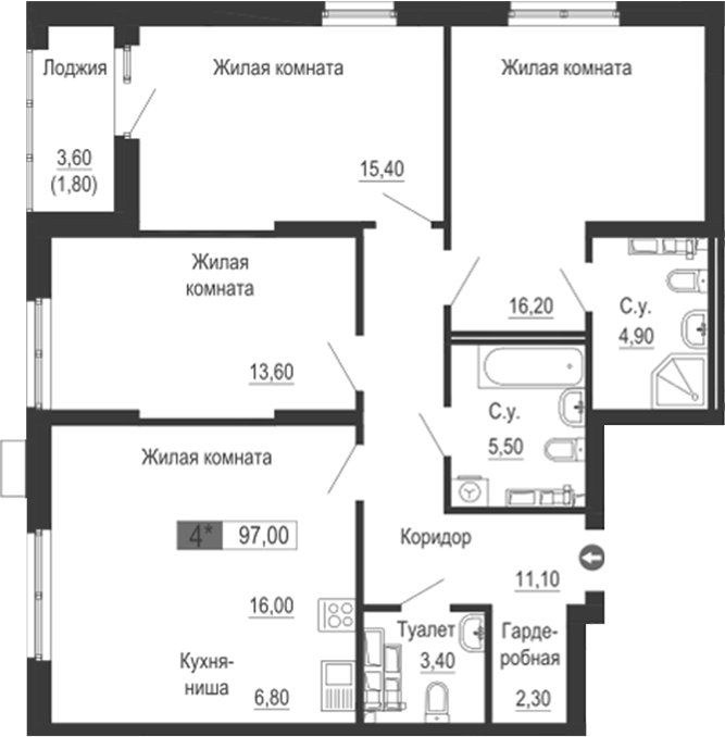 Планировка — Тактика, 4-комн., 95 м²
